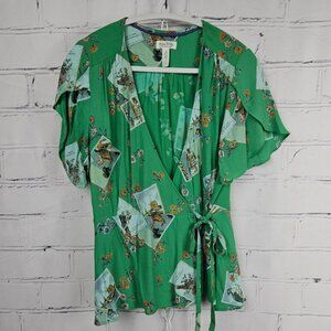 Anthropologie Meadow Rue Green Wrap Blouse Womens Size US 10 L Flutter Sleeve